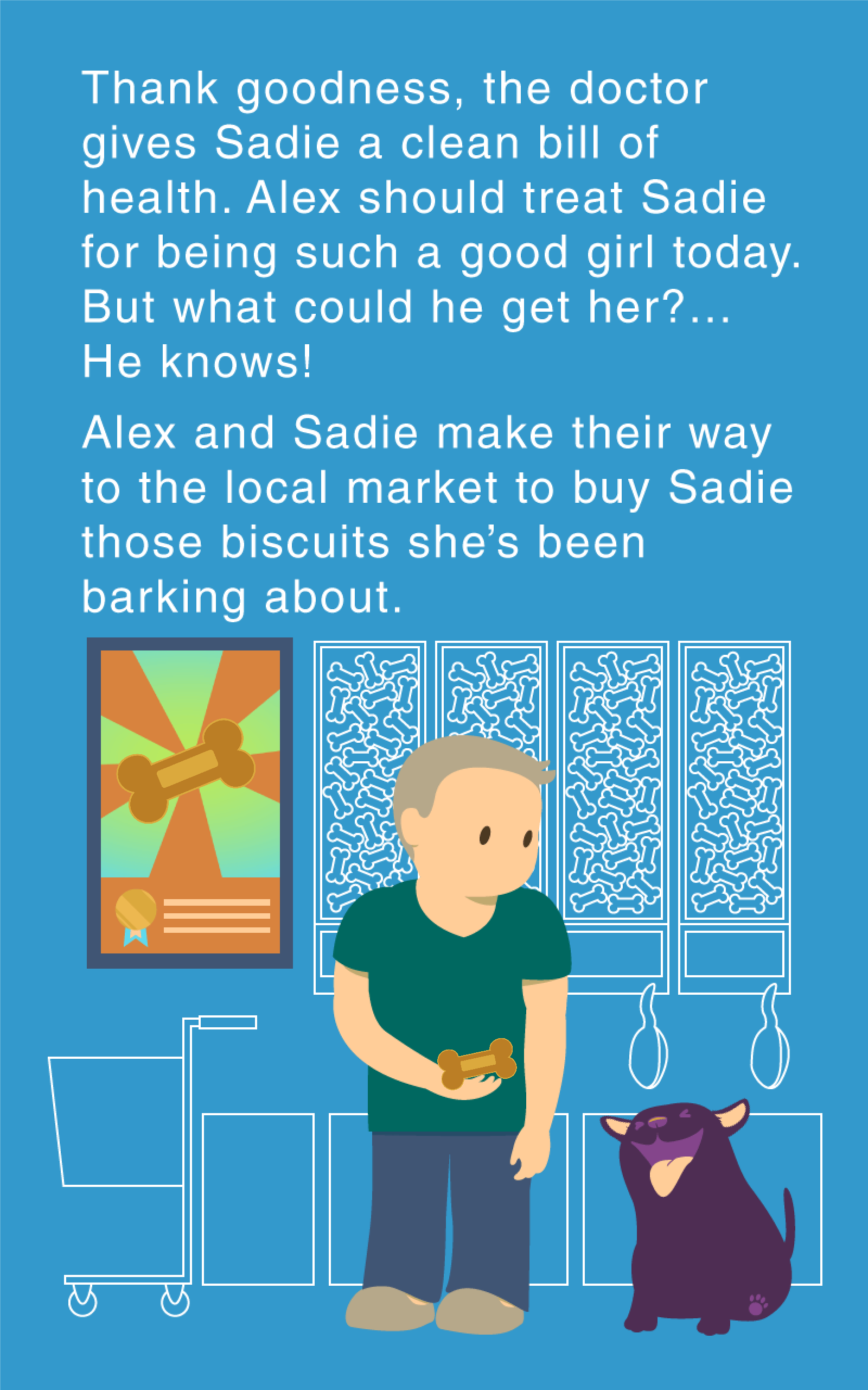 Man and dog at local market to buy the dog buscuits they've seen ADs about all day