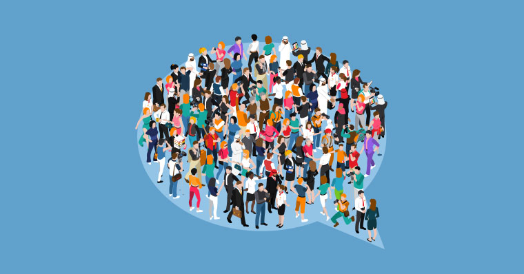 Crowd formed in the shape of a thought bubble